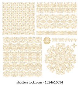 Set of golden decorative elements - ornamental rosettes, mandala, ornamental vector border ribbons, oriental style