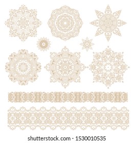 Set of golden decorative elements - ornamental rosettes, mandala, ornamental vector border ribbons, oriental style