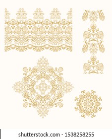Set of golden decorative elements - ornamental rosettes, mandala, ornamental vector border ribbons, oriental style