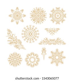 Set of golden decorative elements - ornamental rosettes, mandala, medieval, oriental style