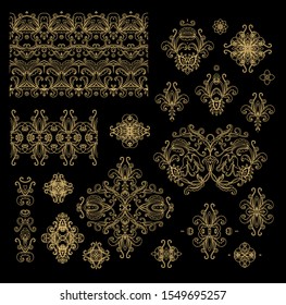 Set of golden decorative elements - ornamental rosettes, mandala, ornamental vector border ribbons, oriental style