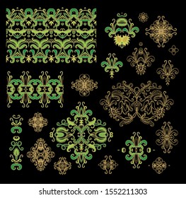 Set of golden decorative elements - ornamental rosettes, mandala, ornamental vector border ribbons, oriental style