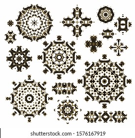 Set of golden decorative elements - ornamental rosettes, mandala, oriental style