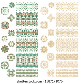 Set of golden decorative elements - ornamental rosettes, mandala, ornamental vector border ribbons, oriental style