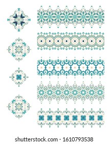Set of golden decorative elements - ornamental rosettes, vector border ribbons, oriental style