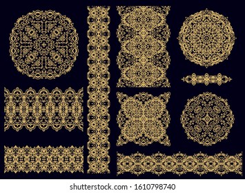 Set of golden decorative elements - ornamental rosette, mandala, ornamental vector border ribbon, openwork texture oriental style, on dark background