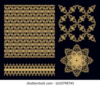 Set of golden decorative elements - ornamental rosette, mandala, ornamental vector border ribbon, openwork texture oriental style, on dark background
