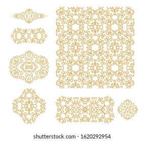 Set of golden decorative elements - ornamental rosette, mandala, ornamental vector border ribbon, openwork texture oriental style, on white background