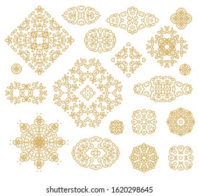 Set of golden decorative elements - ornamental rosette, mandala, ornamental vector border ribbon, openwork texture oriental style, on white background