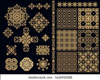 Set of golden decorative elements - ornamental rosette, mandala, ornamental vector border ribbon, openwork texture oriental style, on dark background