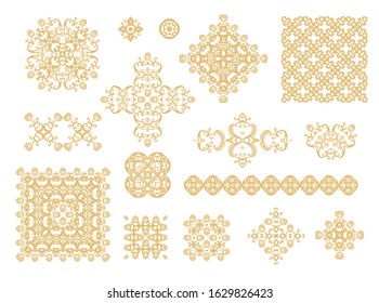 Set of golden decorative elements - ornamental rosette, mandala, ornamental vector border ribbon, openwork texture oriental style, on white background