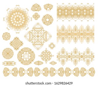 Set of golden decorative elements - ornamental rosette, mandala, ornamental vector border ribbon, openwork texture oriental style, on white background