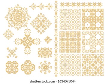 Set of golden decorative elements - ornamental rosette, mandala, ornamental vector border ribbon, openwork texture oriental style, on white background