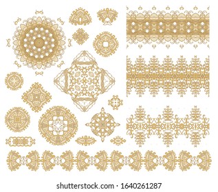 Set of golden decorative elements - ornamental rosette, mandala, ornamental vector border ribbon, openwork texture oriental style, on white background