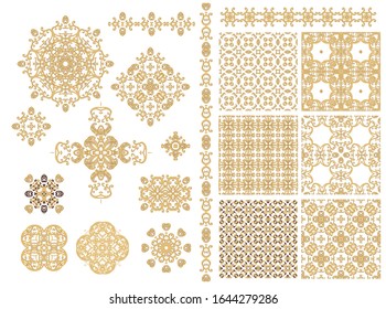 Set of golden decorative elements - ornamental rosette, mandala, ornamental vector border ribbon, openwork texture oriental style, on white background