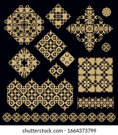Conjunto de elementos decorativos dorados - rosette ornamental, mandala, cinta ornamental de borde vectorial, texturas de apertura, sobre fondo oscuro