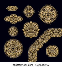 Set of golden decorative elements - ornamental rosette, mandala, ornamental vector border ribbon, openwork texture oriental style, on dark background