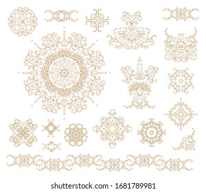 Set of golden decorative elements - ornamental rosette, mandala, ornamental vector border ribbon, openwork texture oriental style, on white background