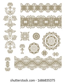Reihe von goldenen Dekorationselementen - Zierrosetten, Mandala, Grenzbänder für Vektorillustrationen, orientalischer Stil