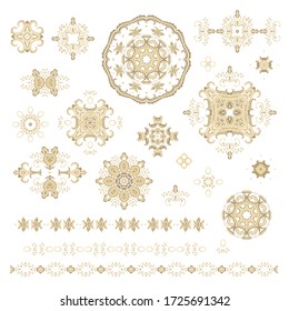Satz goldener dekorativer Elemente - Zierrosette, Mandala, Zierband, orientalisch geprägte Kontur, auf weißem Hintergrund