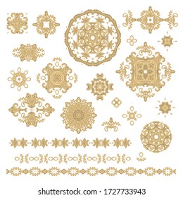 Set of golden decorative elements - ornamental rosette, mandala, ornamental vector border ribbon, openwork texture oriental style, on white background