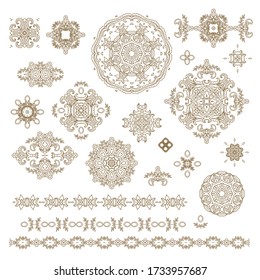 Set of golden decorative elements - ornamental rosette, mandala, ornamental vector border ribbon, openwork stencil, oriental style, on white background