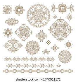Conjunto de elementos decorativos dorados - rosette ornamental, mandala, cinta ornamental de borde vector, textura de apertura estilo oriental, sobre fondo blanco