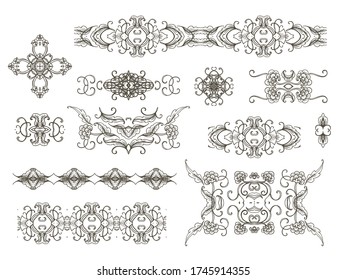Set of golden decorative elements - ornamental rosettes, mandala, ornamental vector border ribbons, oriental style