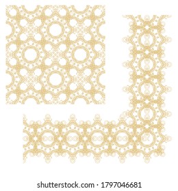 Set of golden decorative elements - ornamental vector border ribbon, openwork texture oriental style, on white background