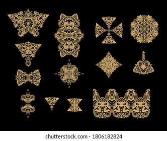 Set of golden decorative elements - ornamental rosettes, mandala, ornamental vector border ribbons, oriental style