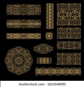 Set of golden decorative elements - ornamental rosette, round frames mandala, ornamental vector border ribbon, openwork textures, oriental style, on dark background