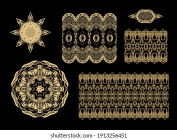 Set of golden decorative elements - ornamental rosette, round frames mandala, ornamental vector border ribbon, openwork textures, oriental style, on dark background