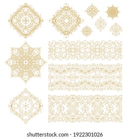 Set of golden decorative elements - ornamental rosette, mandala, ornamental vector border ribbon, openwork texture oriental style, on white background