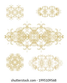 Set of golden decorative elements - ornamental rosette, mandala, ornamental vector border ribbon, openwork texture oriental style, on white background