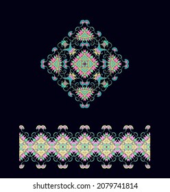 Conjunto de elementos decorativos dorados - rosette ornamental, mandala, cinta ornamental de borde vector, textura de apertura estilo oriental, sobre fondo oscuro