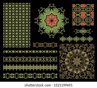 Set of golden decorative elements, rosettes, mandala, vector border ribbons on dark background