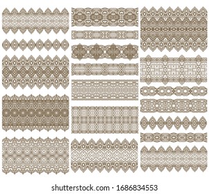 Set of golden decorative elements, vector border ribbons on white background