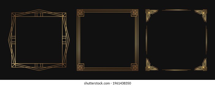 Set of golden decorative frames. Isolated Art Deco line art borders with empty space