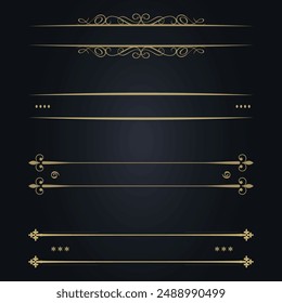 Set of golden decorative frames. Page divider. Vector on black background