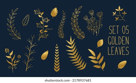 set of golden decorative leaves design