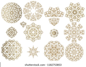 Set of golden decorative oriental mandalas, vector design elements