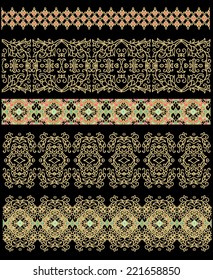 Set of golden decorative ribbons, interlaced border ornaments