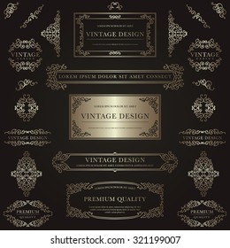 Set of golden decorative vintage design elements for label, logo, emblem design.