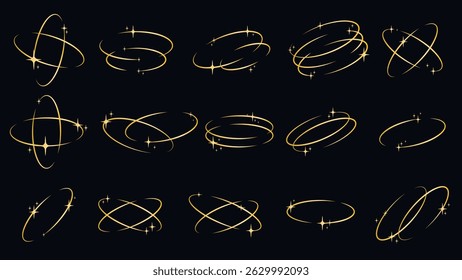 Set of golden design elements - oval orbit with shimmering particles