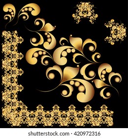 Set of Golden design elements. Richly embellished. On a black background.