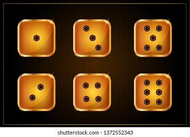 Set of golden dice with black dots isolated on black background
