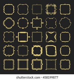 Set of golden different styles line emblems, frames, borders, and buttons design elements on black background