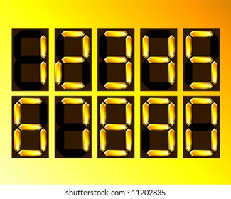 Set of golden digital numbers on a golden plate.