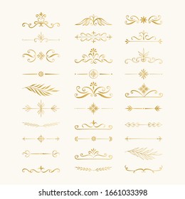 Set of golden dividers, borders, frames, lines. Elegant glitter vintage design elements. Vector isolated illustration.