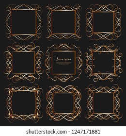 Set of golden dividers vintage frames, Vector illustration.